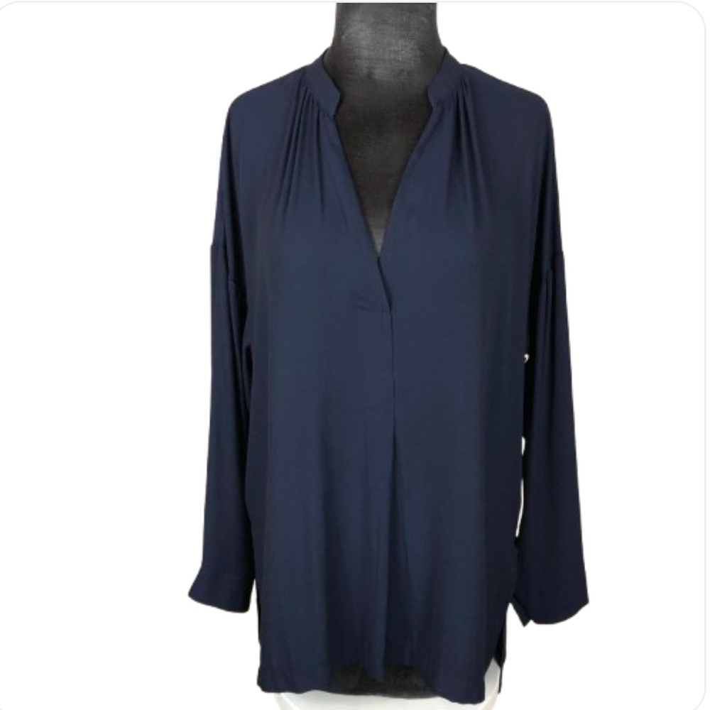 NEW Gibson Latimer Blouse Navy Blue Split Neck Tunic Women’s Size XS Oversized